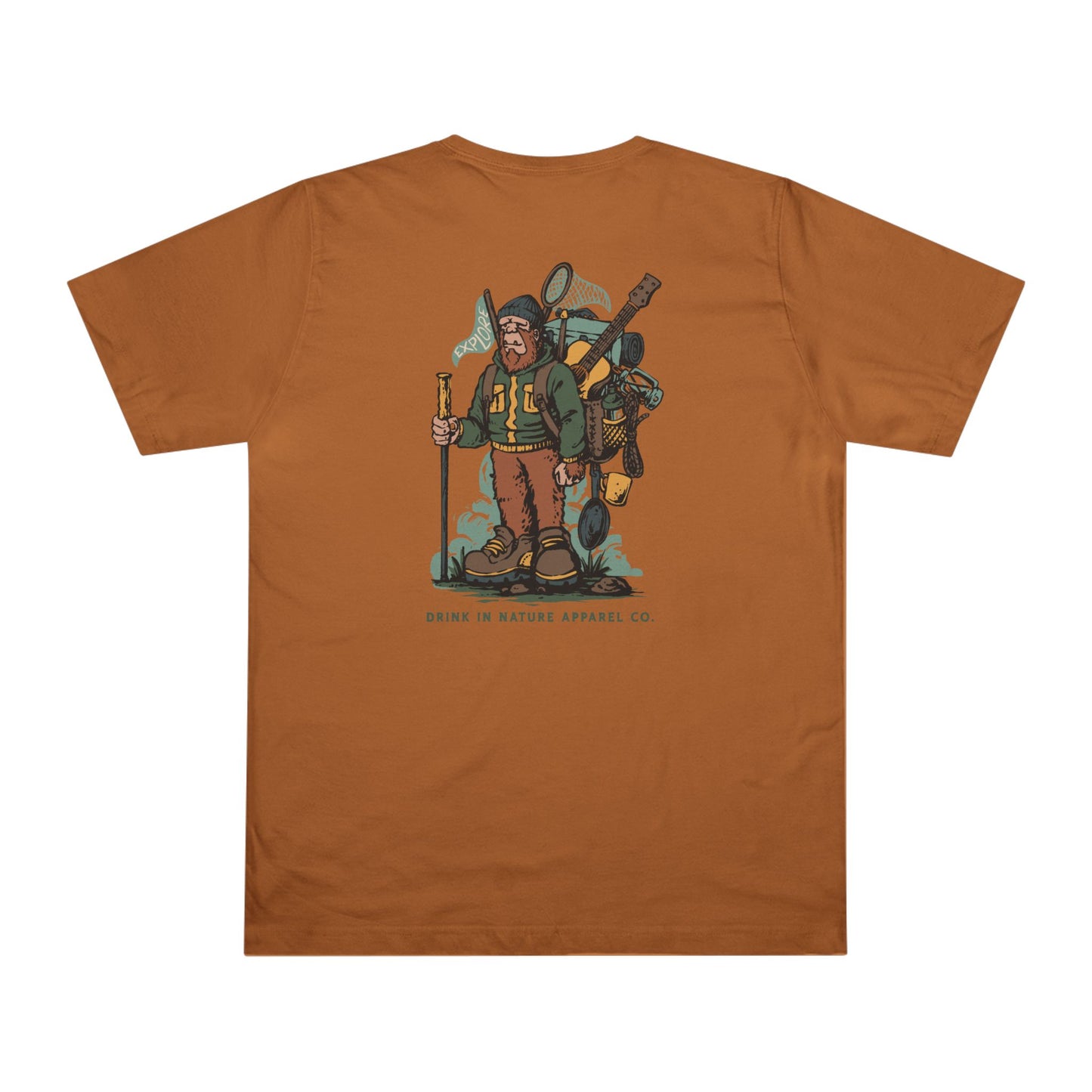 Explore! Sasquatch Hiker Unisex Deluxe T-Shirt, Adventure Tee, Camping Shirt, Outdoor Apparel, Hiking Gear, Gift for Nature Lovers