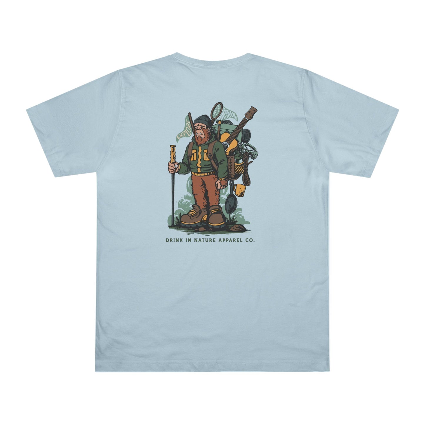 Explore! Sasquatch Hiker Unisex Deluxe T-Shirt, Adventure Tee, Camping Shirt, Outdoor Apparel, Hiking Gear, Gift for Nature Lovers