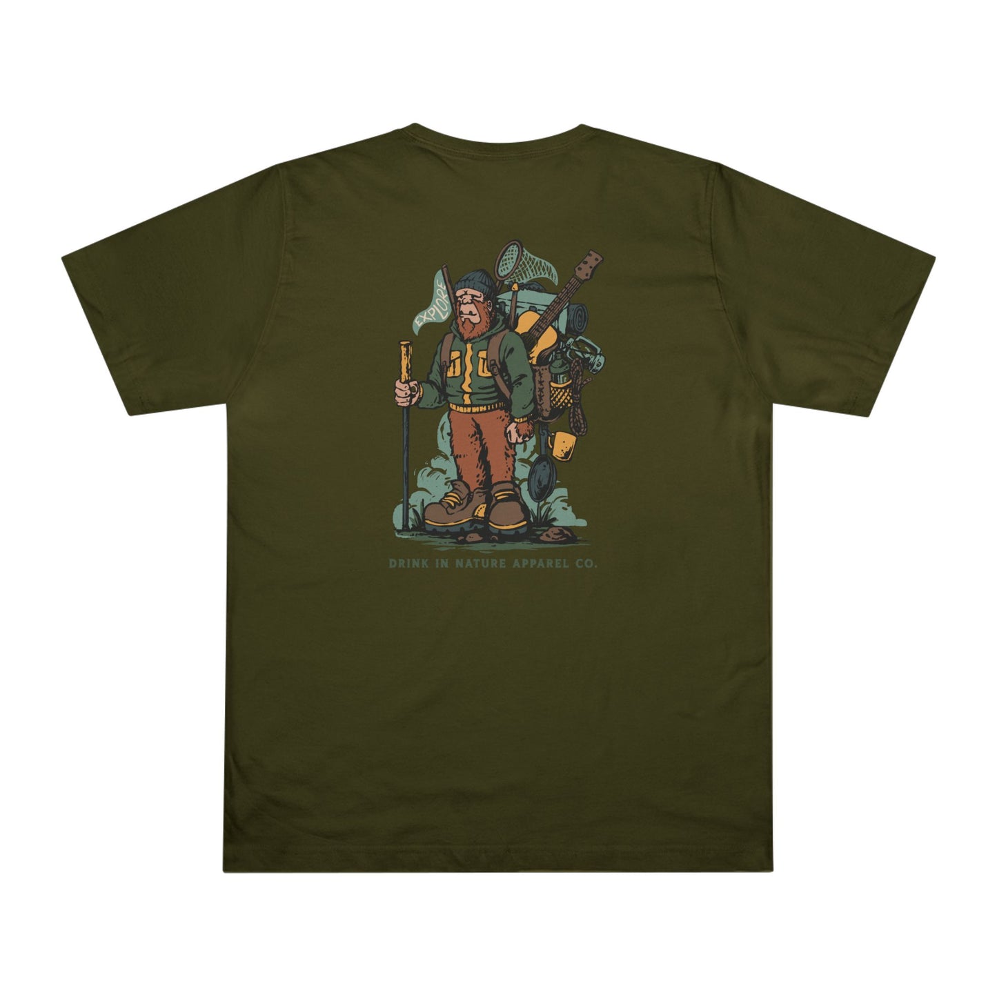 Explore! Sasquatch Hiker Unisex Deluxe T-Shirt, Adventure Tee, Camping Shirt, Outdoor Apparel, Hiking Gear, Gift for Nature Lovers