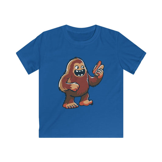 Missing Link Kids Tee — Playful Sasquatch Cartoon Holding a Hotdog Graphic Tee