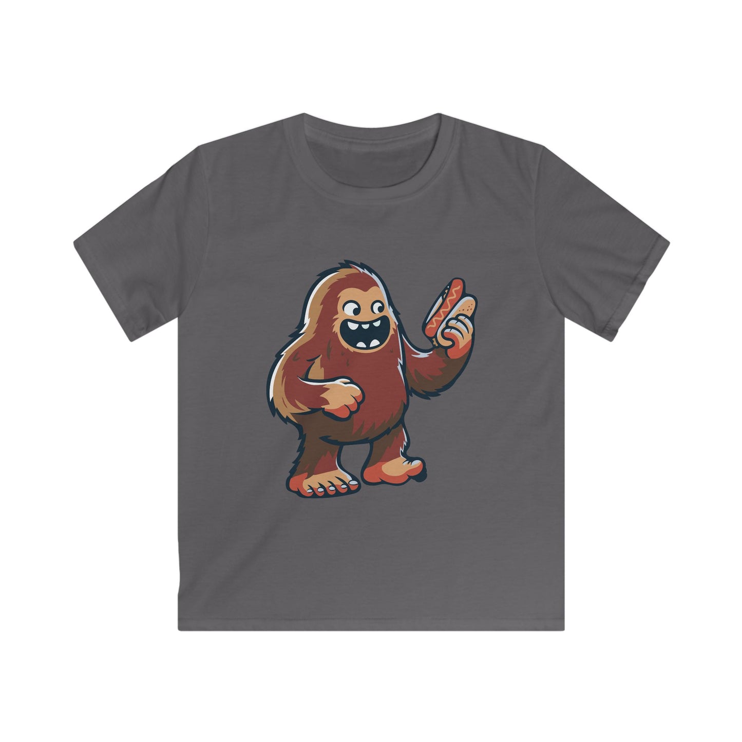 Missing Link Kids Tee — Playful Sasquatch Cartoon Holding a Hotdog Graphic Tee