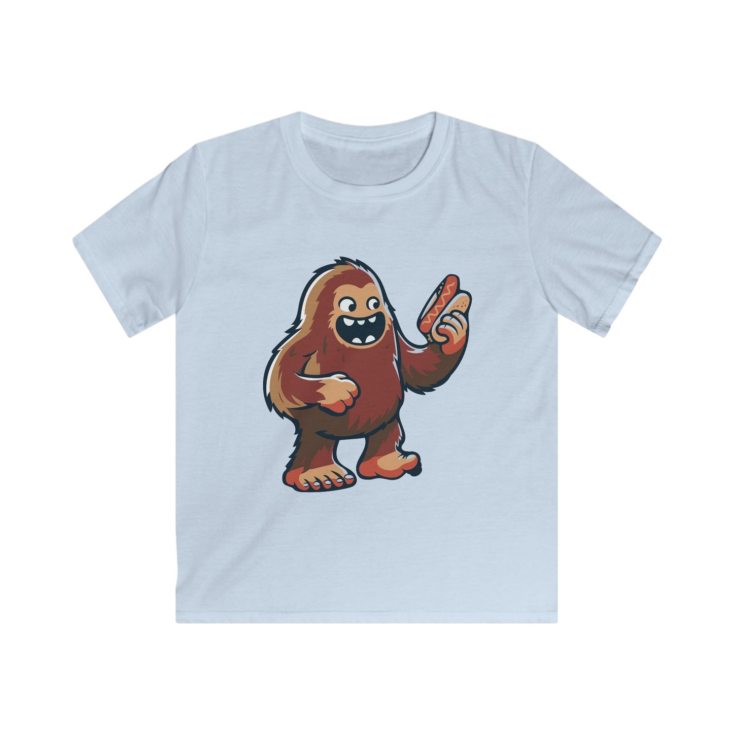 Missing Link Kids Tee — Playful Sasquatch Cartoon Holding a Hotdog Graphic Tee