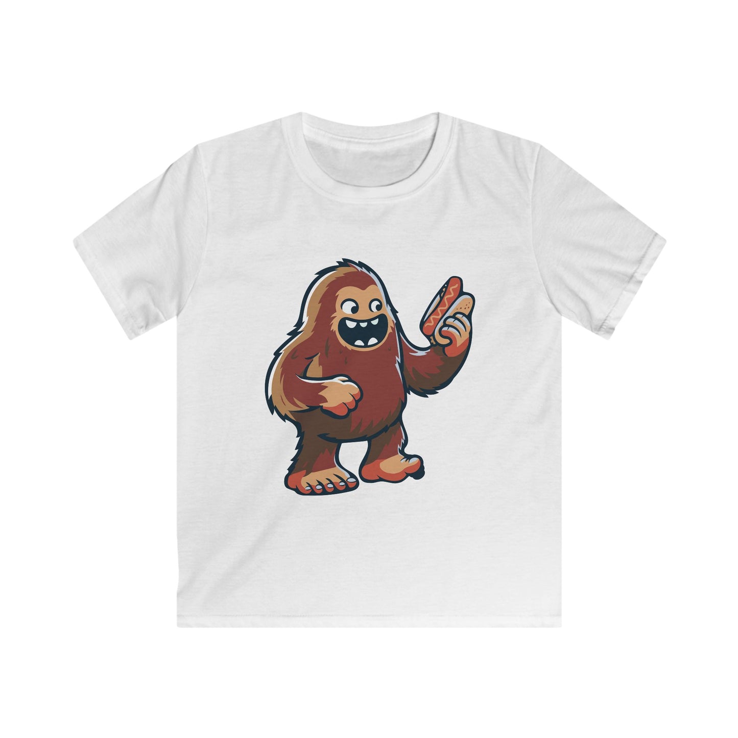 Missing Link Kids Tee — Playful Sasquatch Cartoon Holding a Hotdog Graphic Tee