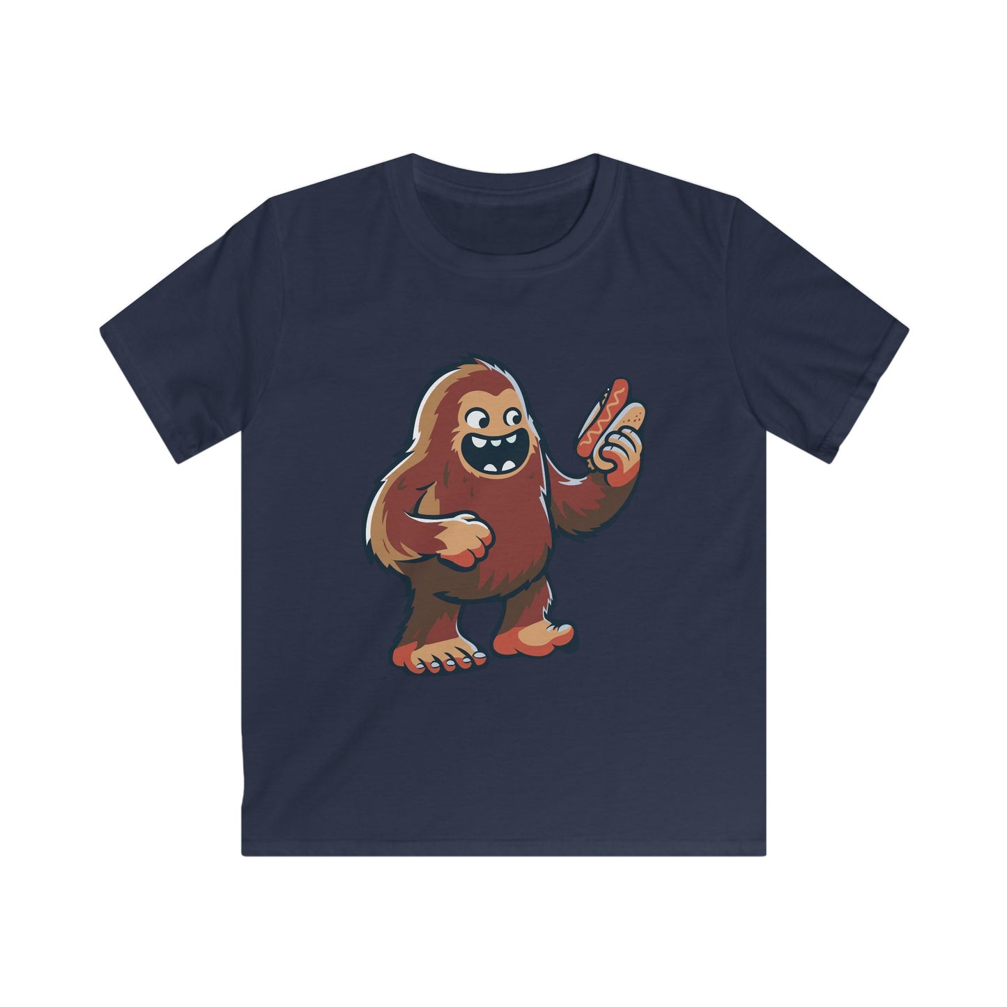 Missing Link Kids Tee — Playful Sasquatch Cartoon Holding a Hotdog Graphic Tee