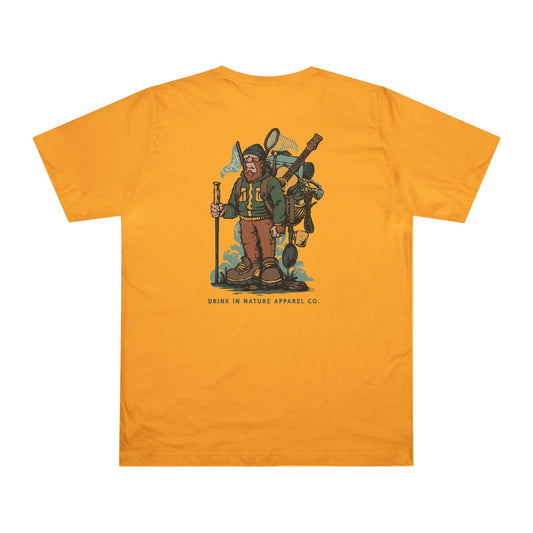 Explore! Sasquatch Hiker Unisex Deluxe T-Shirt, Adventure Tee, Camping Shirt, Outdoor Apparel, Hiking Gear, Gift for Nature Lovers