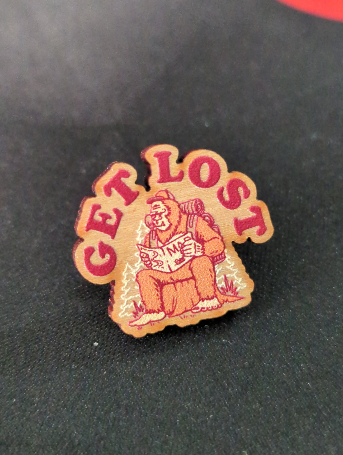 Get Lost Bigfoot Wooden Pin